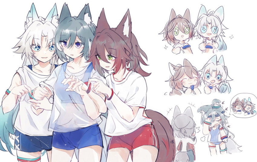 alternate_costume animal_ears breasts feixiao_(honkai:_star_rail) fud green_hair honkai:_star_rail honkai_(series) long_hair medium_breasts multiple_girls see-through_clothes shorts simple_background sports_bra sportswear tail tingyun_(honkai:_star_rail) very_long_hair white_background white_hair yukong_(honkai:_star_rail) yuri