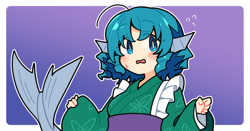 1girl blue_background blue_eyes blue_hair blush commentary_request drill_hair drill_sidelocks fins flying_sweatdrops gradient_background green_kimono head_fins ini_(inunabe00) japanese_clothes kimono kneeless_mermaid long_sleeves mermaid monster_girl obi outline parted_lips purple_background sash short_hair sidelocks solo sweatdrop touhou upper_body wakasagihime wavy_mouth white_outline