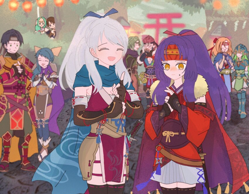 3boys 6+girls armor black_gloves black_hair black_thighhighs blonde_hair blue_hair blue_scarf brown_hair closed_mouth detached_sleeves elbow_gloves fingerless_gloves fire_emblem fire_emblem:_radiant_dawn fire_emblem_fates fire_emblem_heroes gloves green_hair headband heather_(fire_emblem) heather_(ninja)_(fire_emblem) helmet highres japanese_clothes kaze_(fire_emblem) kuji-in long_hair micaiah_(fire_emblem) micaiah_(ninja)_(fire_emblem) multiple_boys multiple_girls nephenee_(fire_emblem) nintendo official_alternate_costume official_alternate_hairstyle open_mouth ponytail purple_hair red_hair red_headband reina_(fire_emblem) reina_(ninja)_(fire_emblem) saizo_(fire_emblem) saizo_(ninja)_(fire_emblem) sanaki_kirsch_altina sanaki_kirsch_altina_(ninja) sasaki_(dkenpisss) scarf sheath sheathed short_hair siblings sigrun_(fire_emblem) sisters skirt sweatdrop sword tanith_(fire_emblem) thighhighs weapon white_hair yellow_eyes zelgius_(fire_emblem) zelgius_(ninja)_(fire_emblem)
