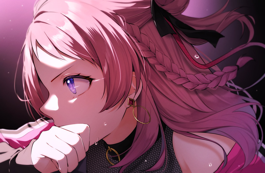 1girl braid commentary_request covered_mouth earrings fighting_my_way_(idolmaster) gakuen_idolmaster hair_bun hanami_saki haruhitooo highres hoop_earrings idol_clothes idolmaster jewelry looking_ahead portrait profile purple_eyes red_hair solo