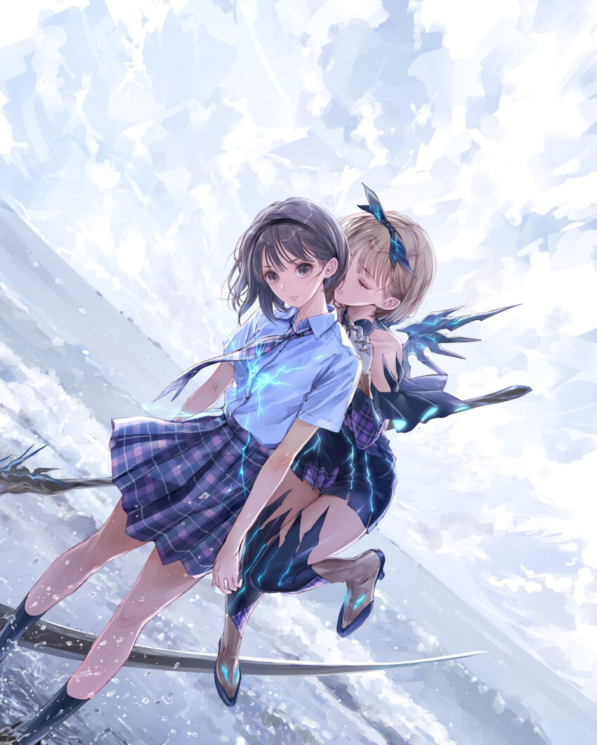 2girls behind_another black_dress black_hair black_hairband black_skirt black_socks blue_reflection_(series) blue_reflection_tie bob_cut boots brown_eyes brown_hair closed_eyes cloud dress dual_persona dutch_angle feet_out_of_frame floating glowing hairband hand_on_another&#039;s_shoulder heart highres holding holding_scythe holding_weapon hoshizaki_ao kishida_mel kneehighs looking_at_viewer magical_girl multiple_girls necktie ocean official_art outdoors plaid_clothes plaid_skirt pleated_skirt school_uniform scythe shirt short_hair skirt sky socks standing wading water water_drop weapon white_shirt wings