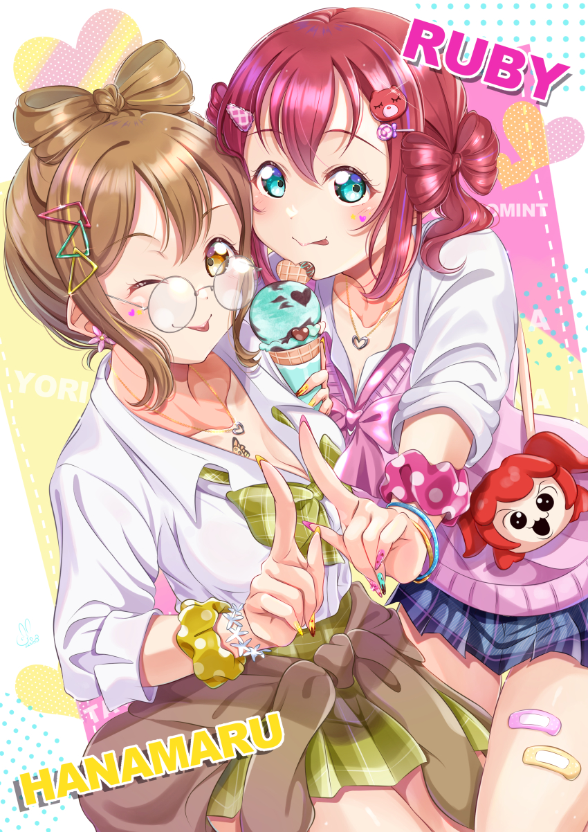 2girls :3 :p ;p absurdres ai_scream!_(love_live!) alternate_costume aqua_eyes bandaid bandaid_on_leg blue_nails blue_skirt blush bow bow-shaped_hair bowtie breasts brown_cardigan brown_hair cardigan cardigan_around_waist cleavage clothes_around_waist collarbone commentary_request cotton_candy_ei-ei-oh! cowboy_shot facial_mark food glasses gyaru gyarugasaki hair_ornament heart heart_facial_mark heart_necklace highres holding holding_food holding_ice_cream holding_ice_cream_cone ice_cream ice_cream_cone index_finger_raised iroenpitsu_xxx jewelry kogal kunikida_hanamaru kurosawa_ruby large_breasts lollipop_hair_ornament lone_nape_hair looking_at_viewer loose_bowtie love_live! love_live!_nijigasaki_high_school_idol_club love_live!_sunshine!! miniskirt mint_chocolate mint_chocolate_(razschi) multicolored_nails multiple_girls necklace one_eye_closed open_collar open_mouth orange_nails pink_bow pink_bowtie pink_nails pink_scrunchie pink_sweater_vest plaid_bow plaid_bowtie plaid_clothes plaid_skirt pleated_skirt polka_dot polka_dot_scrunchie round_eyewear scrunchie short_hair short_hair_with_long_locks sidelocks skirt sweater_vest tongue tongue_out triangle_hair_ornament twintails two-tone_nails v-shaped_eyebrows yellow_bow yellow_bowtie yellow_eyes yellow_nails yellow_scrunchie yellow_skirt