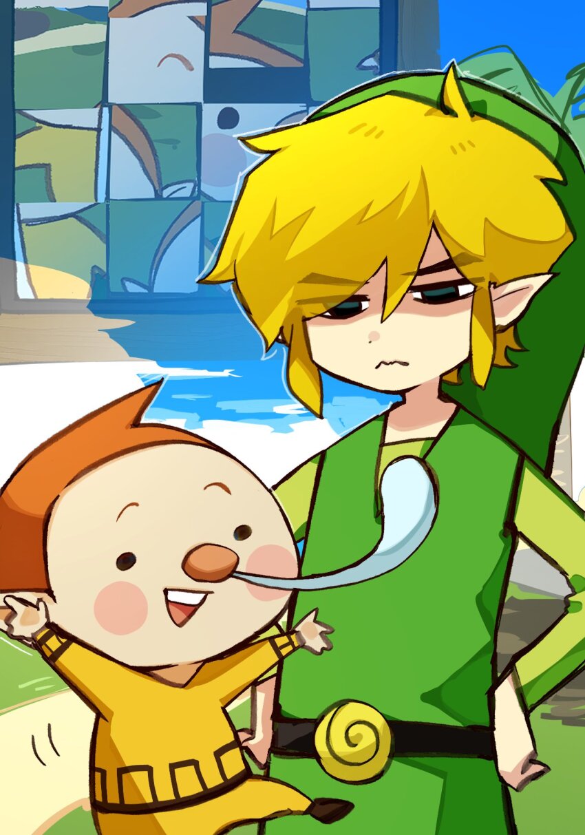 2boys annoyed belt black_eyes blonde_hair cloud cloudy_sky green_tunic hand_on_own_hip highres jigsaw_puzzle link looking_at_another multiple_boys nintendo outdoors pointy_ears puzzle red_hair red_nose sky snot_trail the_legend_of_zelda the_legend_of_zelda:_the_wind_waker toon_link tsumikitsuki_(katsuobushi) tunic zill_(zelda)