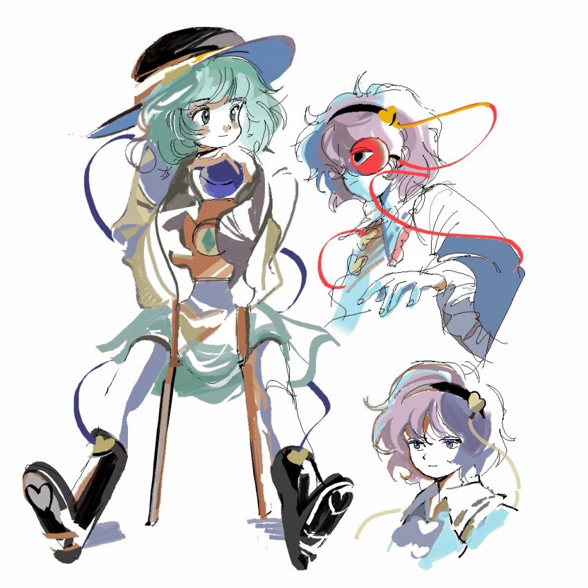 1990s_(style) 2girls 6osquet black_boots blue_shirt blush boots full_body green_hair green_shirt hairband hat head_rest komeiji_koishi komeiji_satori light_smile long_sleeves medium_hair multiple_girls pink_eyes pink_hair puffy_sleeves retro_artstyle shirt short_hair third_eye touhou upper_body variations white_background yellow_shirt