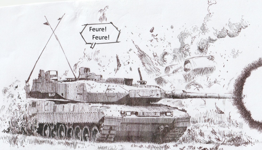 caterpillar_tracks commentary_request firing german_text goddess_of_victory:_nikke greyscale highres leopard_2 military military_vehicle monochrome motor_vehicle ogirin3948 outdoors rapture_(nikke) smoke speech_bubble tank vehicle_focus