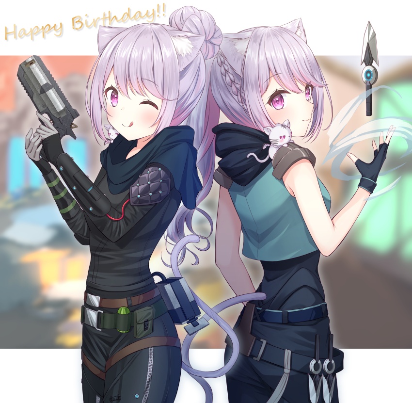 2girls :q absurdres alternate_hairstyle animal_ears apex_legends armor black_bodysuit black_gloves black_scarf blue_shirt blurry blurry_background blush bodysuit braid breasts cat_ears cat_girl cat_tail closed_mouth commentary_request cosplay cowboy_shot crop_top dual_persona fingerless_gloves gloves grey_gloves gun hair_bun handgun happy_birthday high_ponytail highres holding holding_gun holding_weapon ina_uruu jett_(valorant) jett_(valorant)_(cosplay) kugatsu_tooka kunai long_hair looking_at_viewer looking_back medium_breasts multicolored_hair multiple_girls nanashi_inc. one_eye_closed pauldrons pink_hair ponytail pouch purple_hair scarf second-party_source shirt shoulder_armor single_hair_bun sleeveless sleeveless_shirt smile tail tongue tongue_out two-tone_hair valorant virtual_youtuber weapon wraith_(apex_legends) wraith_(apex_legends)_(cosplay) zipper