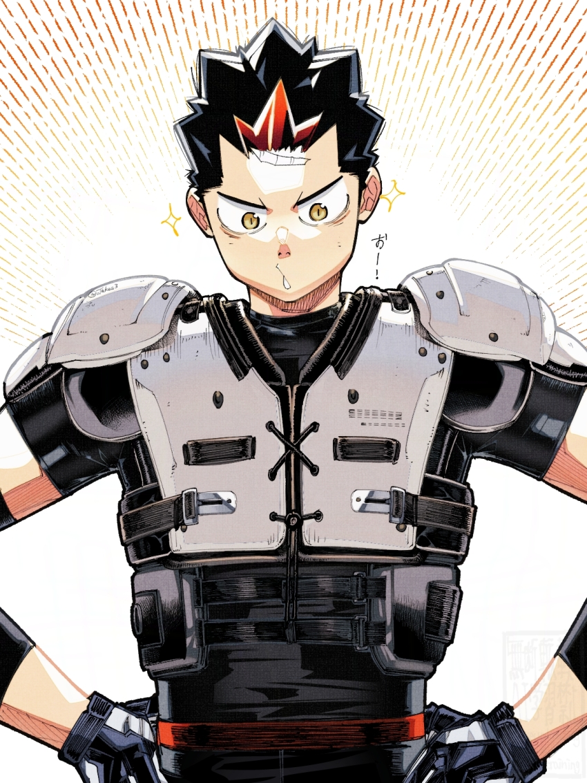1boy armor black_hair brown_hair character_request copyright_request cowboy_shot highres male_focus multicolored_hair short_hair simple_background solo sparkle takeuchi_(a3) two-tone_hair white_background