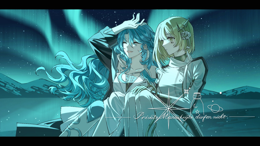 2girls ^_^ arm_up artist_request aurora black_coat blonde_hair blue_hair bob_cut closed_eyes coat commission dress fang feet_out_of_frame hand_on_own_head highres hissabeth letterboxed long_dress long_hair mechanical_ears mountainous_horizon multiple_girls night night_sky open_mouth outdoors pants pointer_(reverse:1999) reverse:1999 second-party_source short_hair side-by-side sitting sky snake snake_on_head very_long_hair watermark white_coat white_dress white_pants yellow_eyes