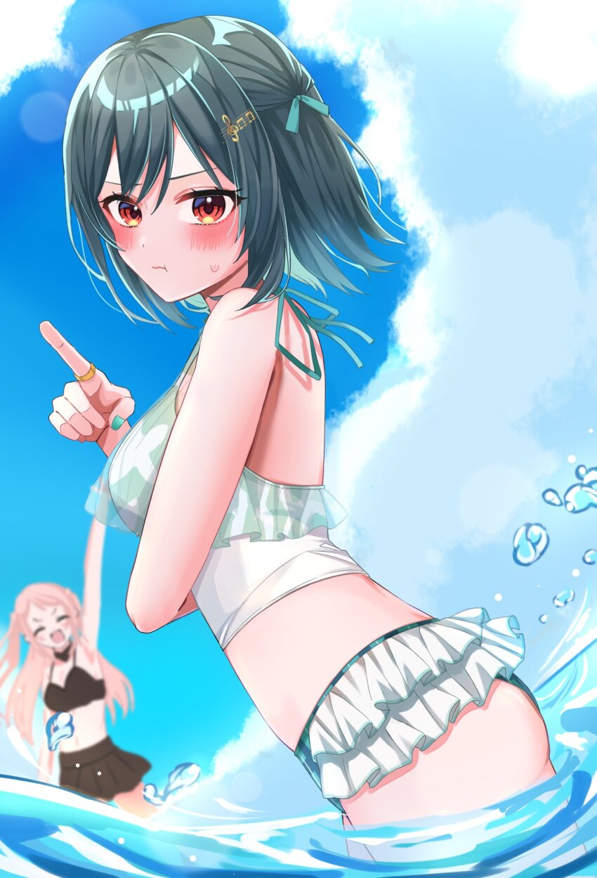 2girls :t arm_under_breasts bikini blue_sky blush breasts closed_eyes closed_mouth cloud commentary_request dutch_angle fortissimo frilled_bikini frills green_nails green_ribbon hair_between_eyes hair_ornament hair_ribbon highres index_finger_raised long_hair looking_at_viewer love_live! love_live!_nijigasaki_high_school_idol_club medium_breasts mifune_shioriko multiple_girls musical_note musical_note_hair_ornament open_mouth osora_dao outdoors pink_hair pout red_eyes ribbon short_hair sidelocks sky solo_focus sweatdrop swept_bangs swimsuit upper_body wading water white_bikini zhong_lanzhu