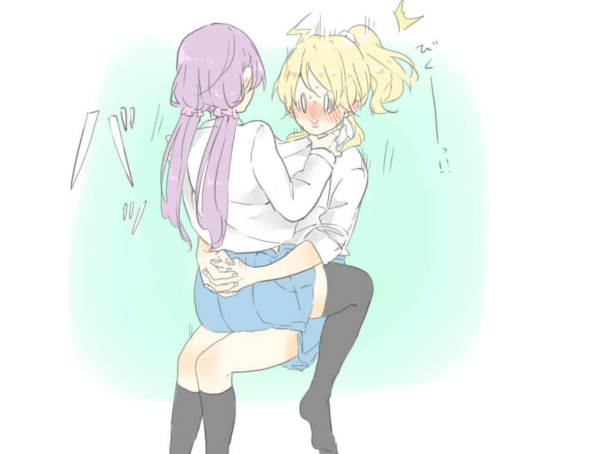 0_0 2girls ayase_eli black_socks black_thighhighs blonde_hair blue_skirt blush closed_mouth collared_shirt commentary_request dress_shirt embarrassed flashing floating_hair hair_ornament hair_scrunchie kashikaze kneehighs long_hair long_sleeves love_live! love_live!_school_idol_project low_twintails medium_hair multiple_girls no_pupils open_clothes open_shirt otonokizaka_school_uniform pleated_skirt purple_hair purple_scrunchie school_uniform scrunchie shirt sitting sitting_on_lap sitting_on_person skirt socks thighhighs tojo_nozomi twintails white_scrunchie white_shirt yuri