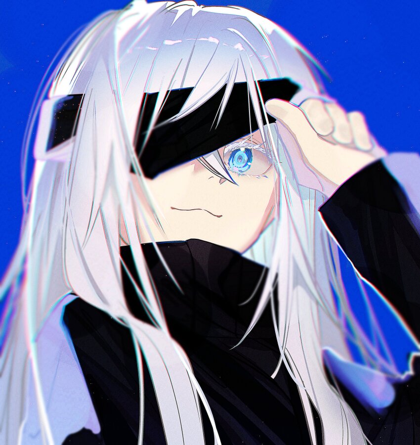 1girl :3 absurdres black_jacket blindfold blindfold_lift blue_background blue_eyes colored_eyelashes cosplay gojou_satoru gojou_satoru_(cosplay) hakukari highres jacket jujutsu_kaisen light_particles long_hair looking_at_viewer project_sekai simple_background smile solo trait_connection upper_body white_eyelashes white_hair yoisaki_kanade