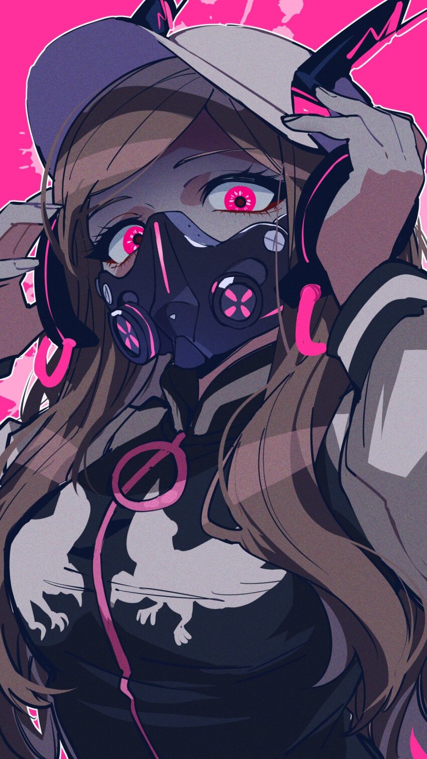 1girl baseball_cap brown_hair eyelashes hair_over_shoulder hands_up hat headphones highres jacket jujo_miu long_hair looking_at_viewer mask multicolored_jacket nekoma_hikaru pink_background pink_eyes solo sukajan tribe_nine two-tone_jacket upper_body