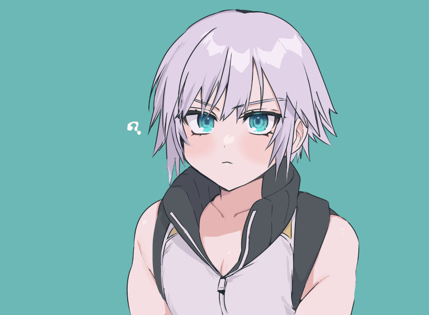 1boy ? blue_eyes closed_mouth collarbone eyelashes green_background grey_hair highres kingdom_hearts kingdom_hearts_3d:_dream_drop_distance lgw7 light_frown male_focus pectoral_cleavage pectorals popped_collar portrait riku_(kingdom_hearts) shirt short_hair sleeveless sleeveless_shirt zipper