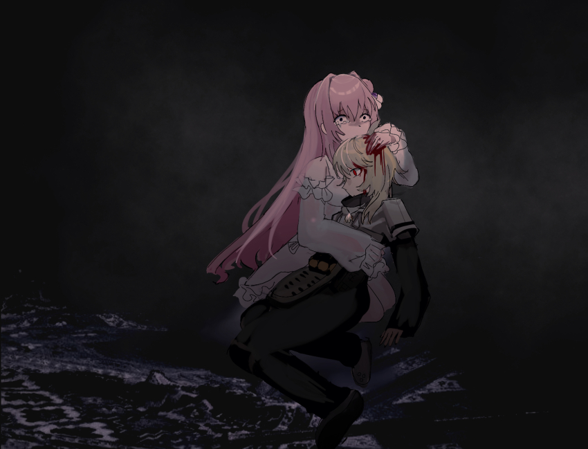 2girls arm_around_waist black_background black_pants black_sleeves blonde_hair blood brown_footwear commentary_request corpse crying crying_with_eyes_open death detached_sleeves dorothy_(nikke) fine_art_parody frilled_sleeves frills goddess_of_victory:_nikke hair_intakes highres hug ivan_the_terrible_and_his_son_ivan jewelry long_hair multiple_girls necklace pants parody photoshop_(medium) pink_hair pinne_(nikke) red_eyes sad single_bare_shoulder spoilers tears traumatized very_long_hair xmld404