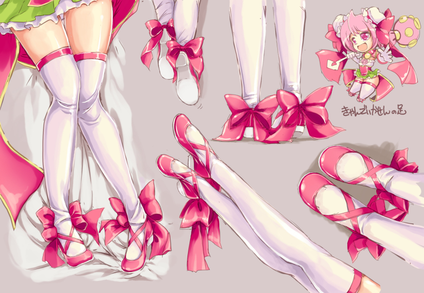 bow bowtie death_angel_komachi frilled_skirt frills green_skirt holding holding_staff ibaraki_kasen ichirino_minagi leg_focus magical_girl miniskirt open_mouth pink_bow pink_bowtie pink_eyes pink_hair pink_shoes shoes skirt smile staff thighhighs touhou white_thighhighs
