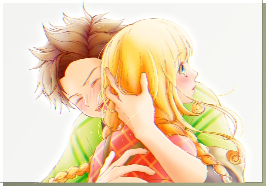 1boy 1girl :d azu_rin_go backlighting black_shirt blonde_hair blue_eyes blush bokujou_monogatari bokujou_monogatari:_mittsu_no_sato_no_taisetsuna_tomodachi border braid brown_hair chromatic_aberration closed_eyes collared_shirt curtained_hair green_haori grey_border hand_on_another&#039;s_back hand_on_another&#039;s_head haori hetero hinata_(bokujou_monogatari) hug japanese_clothes light_particles long_hair low_twin_braids nanami_(bokujou_monogatari) nose_blush open_mouth parted_bangs parted_lips plaid_clothes plaid_shirt red_shirt shirt side_part sidelocks simple_background smile spiked_hair surprised teeth three-quarter_sleeves twin_braids upper_teeth_only v-shaped_eyebrows very_long_hair white_background