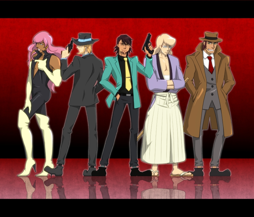 10s 5boys antonio_lopez arsene_lupin_iii arsene_lupin_iii_(cosplay) barnaby_brooks_jr. beard blonde_hair boots brown_hair coat cosplay crossdressing dark-skinned_male dark_skin elbow_gloves facial_hair formal_clothes glasses gloves green_jacket gun handgun hat high_heels highres ishikawa_goemon_xiii ishikawa_goemon_xiii_(cosplay) jacket japanese_clothes jigen_daisuke jigen_daisuke_(cosplay) kaburagi_t._kotetsu keith_goodman letterboxed lipstick long_hair lupin_iii makeup male_focus mikki-mikki mine_fujiko mine_fujiko_(cosplay) multiple_boys nathan_seymour necktie pink_hair red_necktie revolver sandals shoes stubble suit thigh_boots thighhighs tiger_&amp;_bunny tms_entertainment trench_coat weapon yellow_necktie zenigata_kouichi zenigata_kouichi_(cosplay)