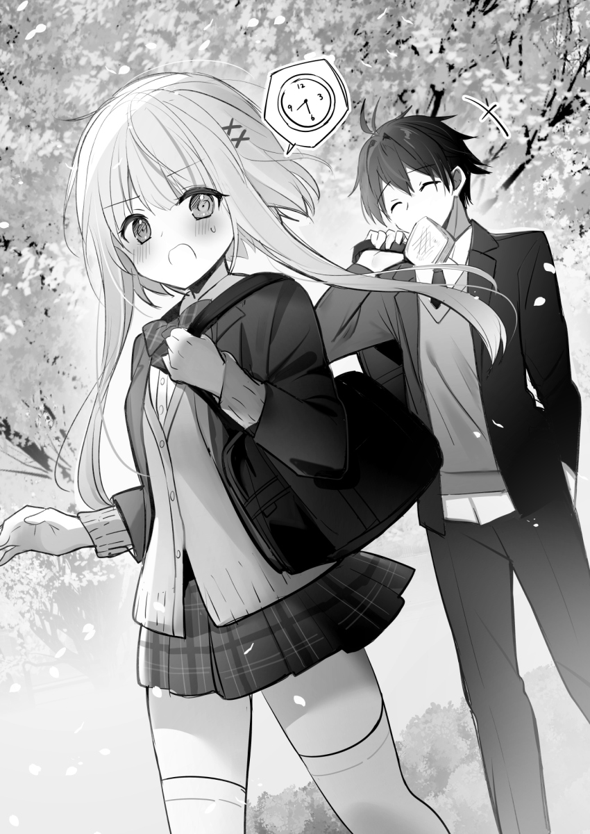 +++ 1boy 1girl ^_^ bag blazer blush bow bread bread_slice closed_eyes collared_shirt day dress_shirt food food_in_mouth greyscale hair_between_eyes highres jacket late_for_school long_hair monochrome mouth_hold necktie open_clothes open_jacket open_mouth original outdoors pants plaid_bow plaid_clothes plaid_skirt pleated_skirt running school_bag school_uniform shirt short_hair_with_long_locks skirt sweat thighhighs toast toast_in_mouth tree very_long_hair yomogi_komegura