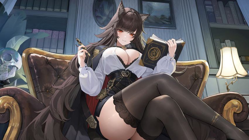 1girl absurdres animal_ear_fluff animal_ears artist_request black_bra black_jacket black_skirt book bookshelf bra bra_peek breasts brown_hair chair closed_mouth crossed_legs echocalypse high-waist_skirt highres holding holding_book holding_pen jacket jacket_on_shoulders kleona_(echocalypse) lamp large_breasts long_hair long_sleeves mole mole_on_breast official_art on_chair open_book pen shirt sitting skirt skull solo thighhighs underwear white_shirt
