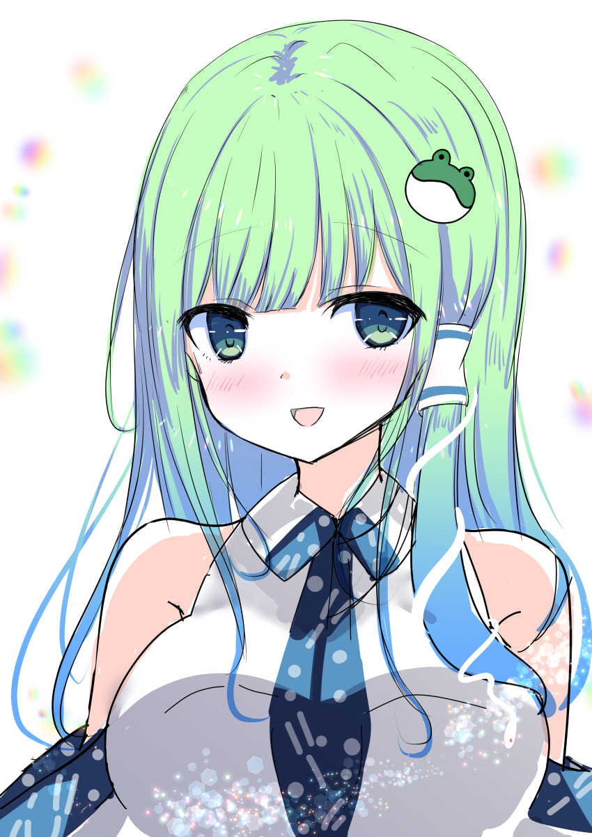 1girl :d absurdres bare_shoulders blush breasts collared_shirt detached_sleeves dot_nose facing_viewer frog_hair_ornament green_eyes green_hair hair_intakes hair_ornament hair_tubes highres kochiya_sanae large_breasts long_hair long_sleeves looking_at_viewer open_mouth patterned_clothing shirt sidelocks simple_background single_hair_tube sleeveless sleeveless_shirt smile snake_hair_ornament solo tomo_(uguisu-tei) touhou white_background wide_sleeves wing_collar