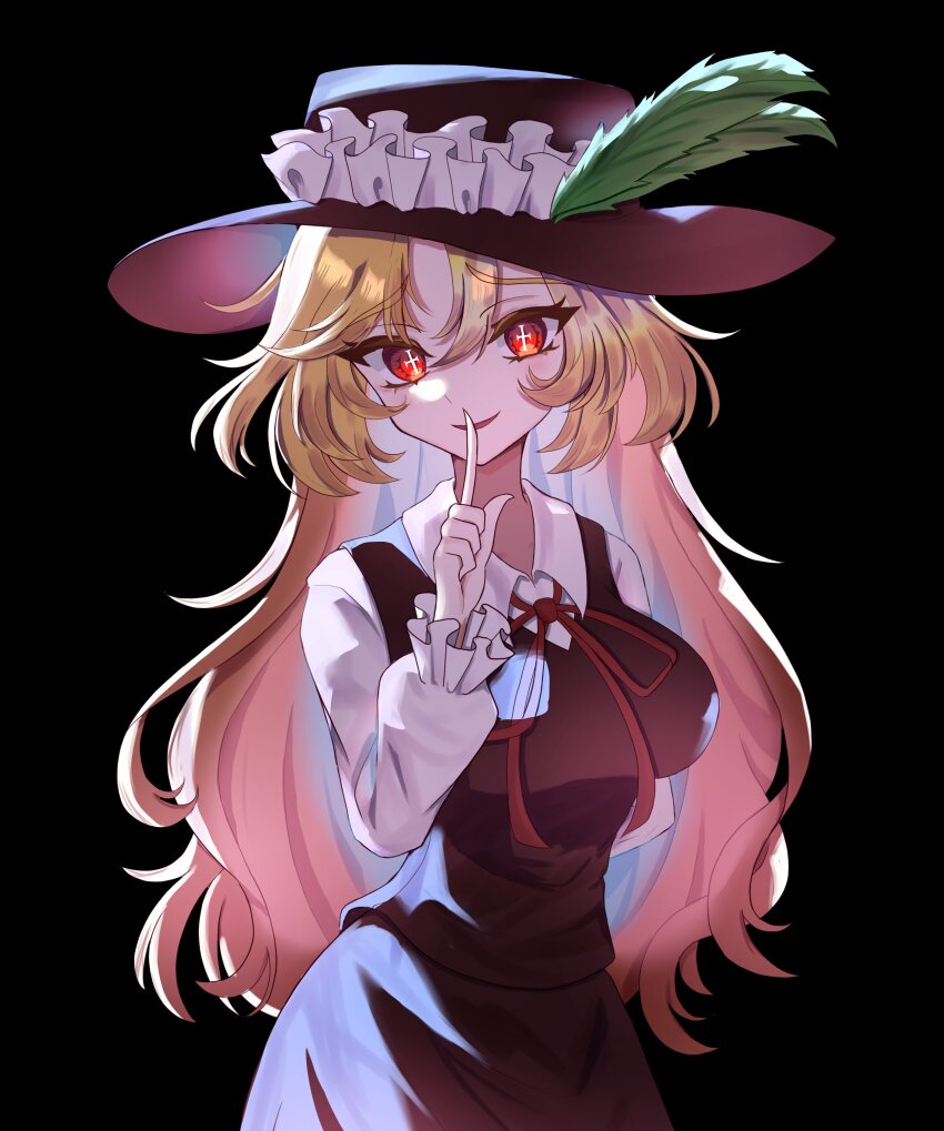 1girl absurdres black_background blonde_hair breasts brown_hat brown_skirt brown_vest collared_shirt commentary_request cross-shaped_pupils dolls_in_pseudo_paradise feathers finger_to_mouth frilled_hat frills green_feathers hat hat_feather highres jacket_girl_(dipp) long_hair long_sleeves looking_at_viewer medium_breasts neck_ribbon red_eyes red_ribbon ribbon shirt shushing simple_background skirt solo symbol-shaped_pupils touhou very_long_hair vest yabuhebi1067