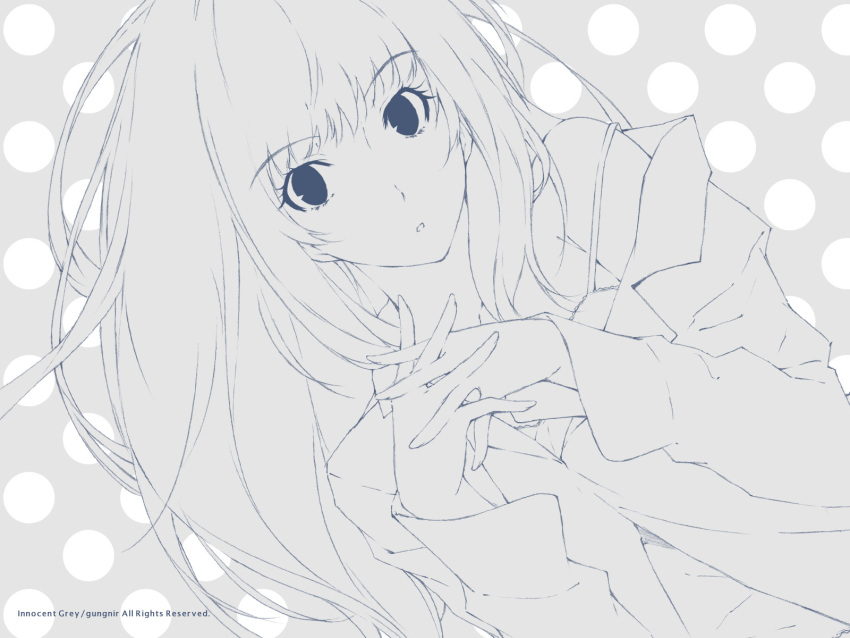 1girl camisole company_name dress_shirt highres innocent_grey interlocked_fingers kara_no_shoujo kuchiki_touko lineart long_hair looking_at_viewer monochrome official_art open_clothes open_mouth open_shirt own_hands_together polka_dot polka_dot_background shirt solo sugina_miki