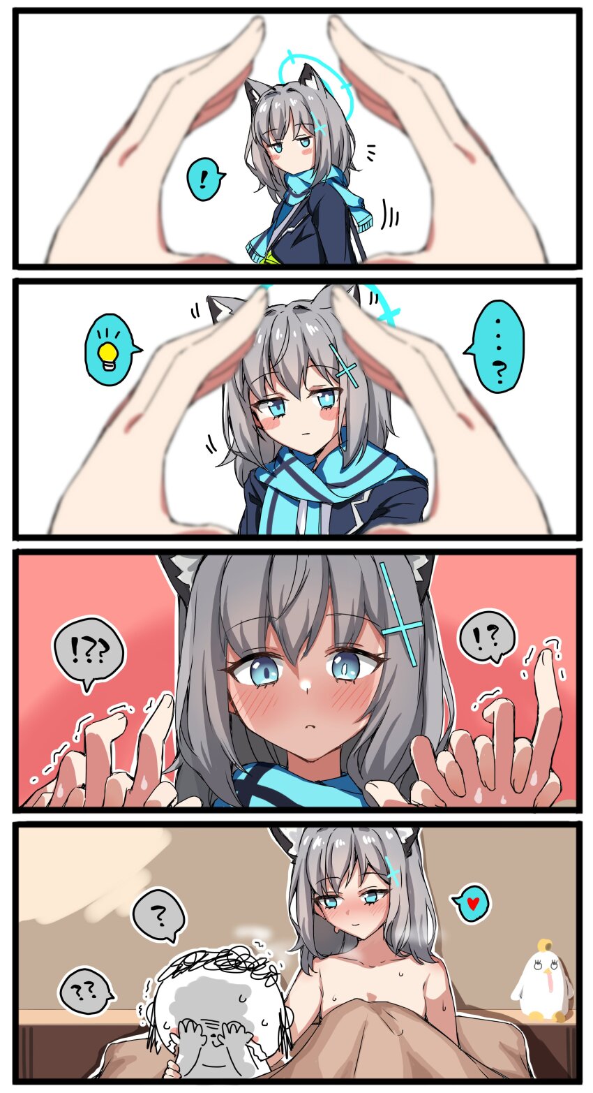 !? 1boy 1girl ? absurdres animal_ear_fluff animal_ears aqua_eyes aqua_scarf bed bed_sheet blue_archive blue_jacket blush blush_stickers comic cross_hair_ornament doodle_sensei_(blue_archive) grabbing_another&#039;s_hand grey_hair hair_ornament halo heart highres implied_rape jacket jitome looking_at_viewer medium_hair meme peroro_(blue_archive) pov pov_hands res1dents1eeper ruined_for_marriage scarf sensei_(blue_archive) shiroko_(blue_archive) sidelocks silent_comic snoot_challenge spoken_heart spoken_interrobang spoken_question_mark stuffed_animal stuffed_toy sweat under_covers wolf_ears