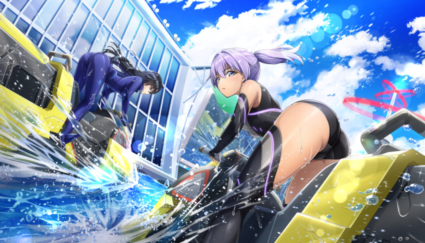 2girls ass bare_shoulders black_gloves black_hair blue_bodysuit blue_eyes bodysuit cameltoe dark-skinned_female dark_skin dolphin_wave elbow_gloves fingerless_gloves framed_breasts from_behind game_cg gloves hagane_otsuki highres jet_ski kazami_uniform long_hair looking_at_viewer looking_back multiple_girls non-web_source official_art ootomo_takuji ponytail purple_eyes purple_hair souma_hayate water_drop watercraft