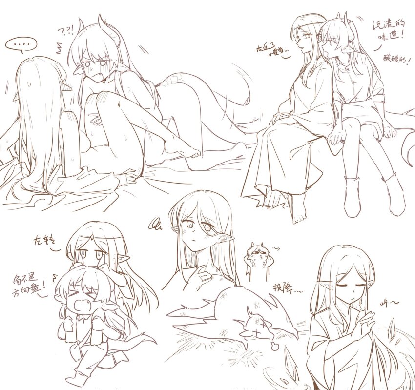 !? &gt;_&lt; &lt;o&gt;_&lt;o&gt; 2girls :/ ^^^ aai90722545007 afterimage all_fours alternate_species animal_ears ankle_boots arm_at_side arm_between_legs arm_support bag bang_dream! bang_dream!_it&#039;s_mygo!!!!! barefoot bed_sheet bite_mark bite_mark_on_hand bite_mark_on_neck blush boots breasts carrying check_copyright chibi chibi_inset chihaya_anon chinese_text circlet closed_mouth collared_shirt completely_nude copyright_request dragon dragon_ears dragon_girl dragon_horns dragon_tail ear_blush elf face-to-face facing_another fainted fang full-face_blush hair_between_eyes hand_up hands_on_another&#039;s_head hands_on_another&#039;s_leg hands_on_lap highres horn_grab horns injury invisible_chair jitome kemonomimi_mode leaning_on_person legs_together legs_up lineart long_hair long_sleeves looking_ahead looking_at_another looking_to_the_side monsterification motion_lines multiple_girls multiple_views nagasaki_soyo nude o3o open_mouth pants parted_bangs pointy_ears profile puff_of_air reclining robe scratches shirt shoulder_bag shoulder_carry side-by-side sidelocks simple_background sitting squiggle sweat tail tail_wagging three-quarter_sleeves translation_request trembling v-shaped_eyebrows walking white_background wide_sleeves x_x yuri