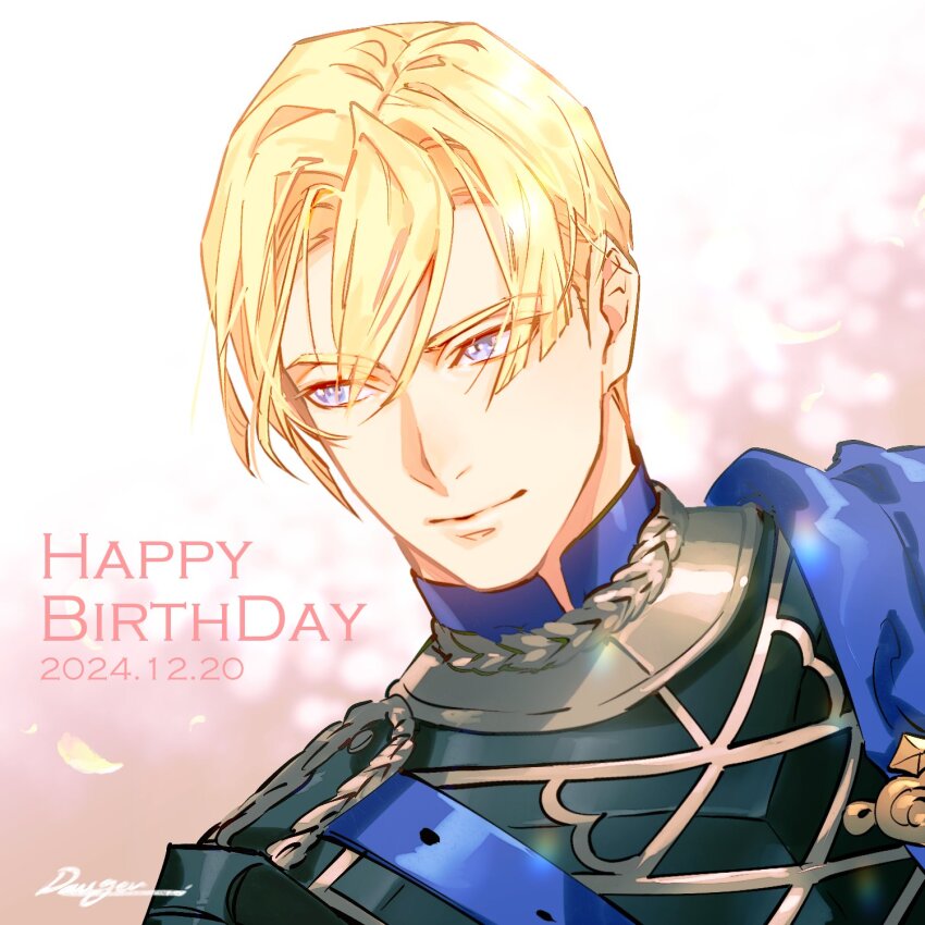 1boy armor black_armor blonde_hair blue_cape blue_eyes blunt_bangs cape closed_mouth dated dimitri_alexandre_blaiddyd epaulettes falling_petals fire_emblem fire_emblem:_three_houses garreg_mach_monastery_uniform gold_trim hair_between_eyes happy_birthday highres kin_mokusei light_smile male_focus nintendo petals pink_background short_hair signature solo upper_body yellow_petals