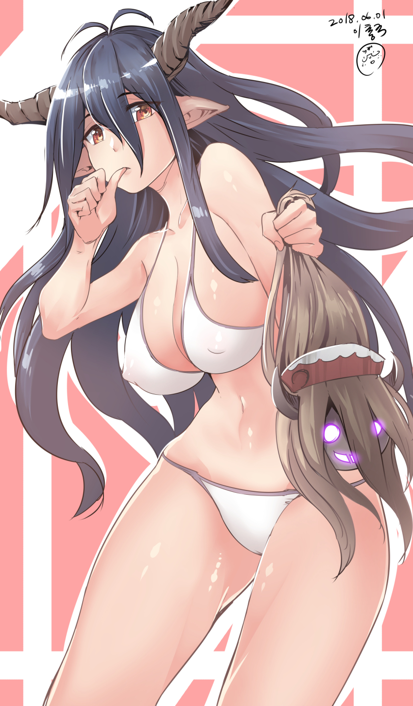 1girl absurdres antenna_hair bikini black_hair breasts chung_cthemax danua doll draph granblue_fantasy highres horns large_breasts long_hair navel pointy_ears stomach string_bikini swimsuit thumb_to_mouth white_bikini