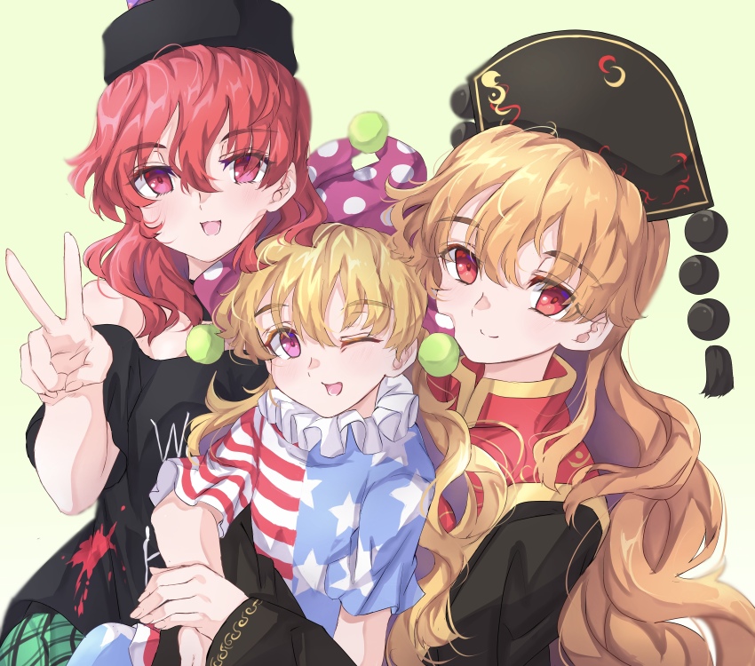 3girls absurdres american_flag_dress american_flag_legwear black_shirt blonde_hair chinese_clothes clownpiece commentary_request crescent_print dalachi_(headdress) hands_on_another&#039;s_arms hat hecatia_lapislazuli highres hug jester_cap junko_(touhou) leggings long_hair multiple_girls neck_ruff neold off-shoulder_shirt off_shoulder one_eye_closed open_mouth orange_hair pink_eyes plaid_clothes plaid_skirt polka_dot_headwear red_eyes red_hair shirt skirt smile t-shirt tabard touhou v very_long_hair