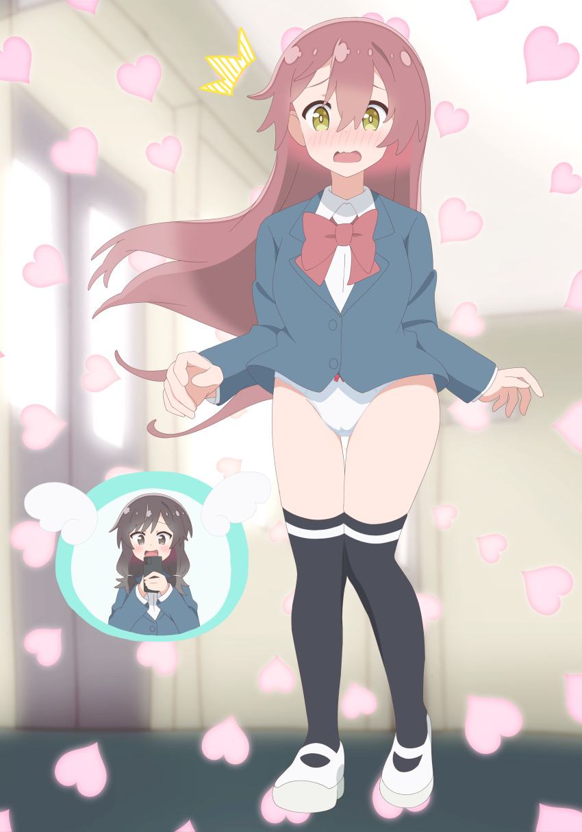 2girls absurdres angel_wings anime_coloring black_eyes black_hair black_thighhighs blazer blush bow bow_panties bowtie brown_hair clothes_lift commentary_request embarrassed full_body hallway heart highres holding holding_phone hoshino_miyako_(wataten) jacket long_hair matsumoto_kouko multiple_girls no_pants panties phone red_bow red_bowtie school shirt shoes solo_focus surprised thighhighs underwear watashi_ni_tenshi_ga_maiorita! white_panties white_shirt white_shoes wind wind_lift wings yellow_eyes zu_(rcfw7727)