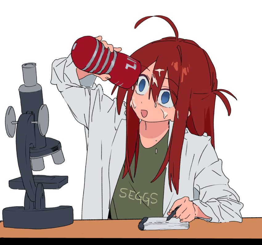 1girl ahoge blue_eyes cum cum_on_body dildo facial green_shirt hipa_(some1else45) holding holding_pen holding_sex_toy lab_coat long_hair microscope notebook open_mouth original pen red_hair sex_toy shirt simple_background solo some1else45 tenga white_background