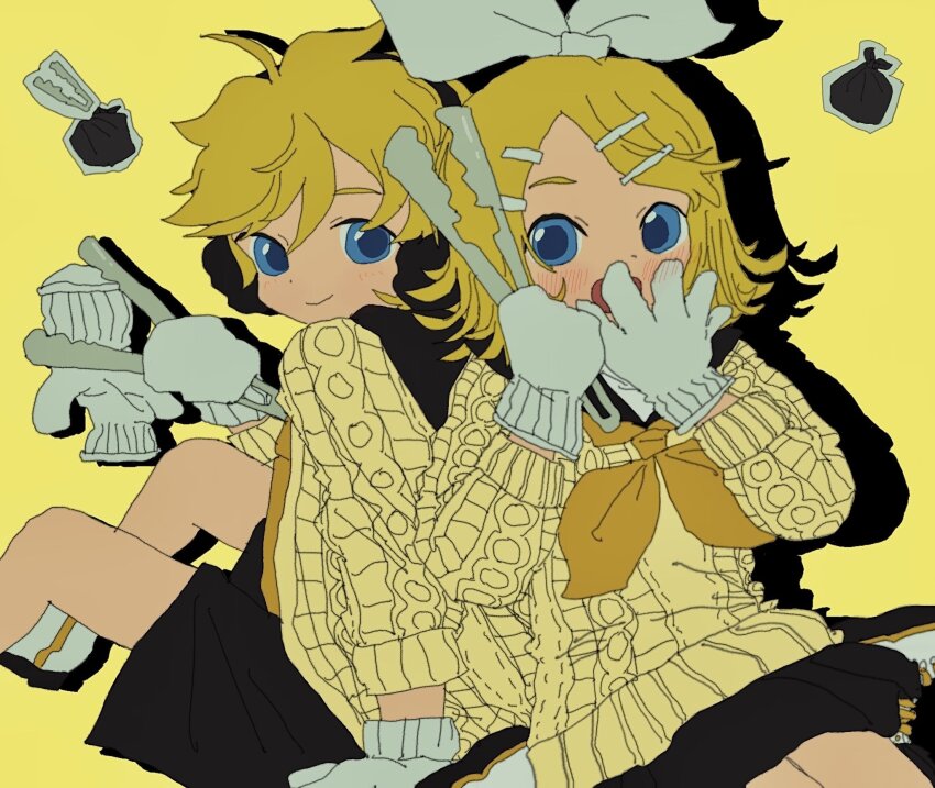 1boy 1girl black_shorts black_skirt blonde_hair blue_eyes blush bow cable_knit closed_mouth gloves hair_between_eyes hair_bow hair_ornament hairclip highres holding holding_tongs kagamine_len kagamine_rin kousou_(vanilla_rkgk) miniskirt neckerchief necktie open_mouth parallel_hairclips short_hair shorts skirt smile sweater tongs trash_and_trash!_(vocaloid) trash_bag vocaloid white_bow white_gloves yellow_background yellow_neckerchief yellow_necktie yellow_sweater