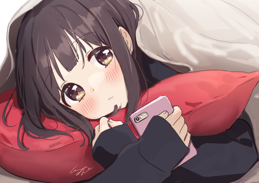 1girl absurdres bed_sheet black_hoodie blunt_bangs blush brown_eyes brown_hair cellphone closed_mouth commentary_request highres holding holding_phone hood hood_down hoodie hugging_object long_sleeves looking_at_viewer lying nanase_kurumi_(menhera-chan) on_bed on_side original parted_lips phone pillow pomu_(joynet) sleeves_past_wrists solo upper_body