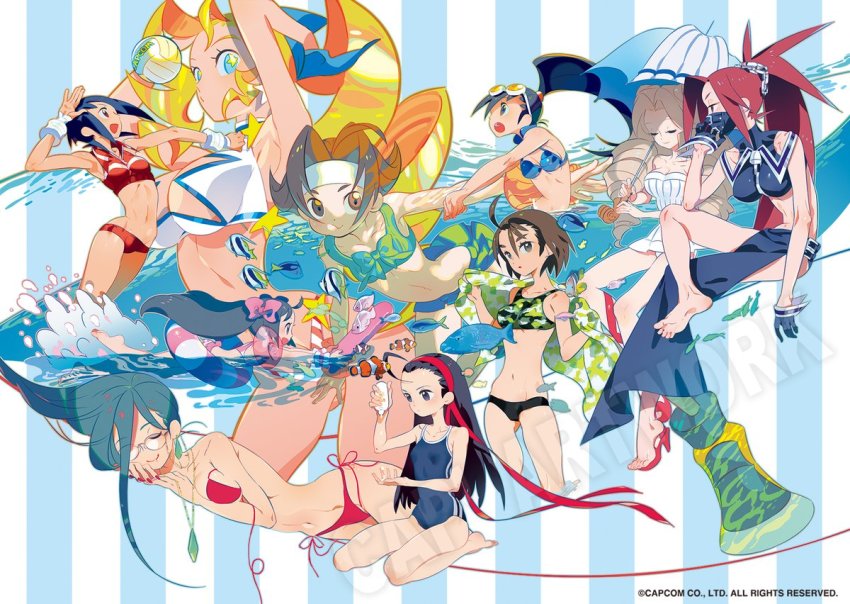 6+girls adapted_costume ahoge ayuhara_natsu ball bikini black_hair blonde_hair blue_bikini blue_hair blue_one-piece_swimsuit breasts brown_hair camouflage camouflage_bikini capcom cleavage_cutout clothing_cutout clownfish competition_swimsuit copyright_notice drill_hair earrings fish glasses gloves headband hibiki_ran himezaki_aoi iinchou_(justice_gakuen) inflatable_armbands innertube jewelry justice_gakuen karuizawa_momo kazama_akira kirishima_yurika light_brown_hair long_hair mask minazuki_kyouko multiple_girls necklace one-piece_swimsuit one_eye_closed parasol playing_sports ponytail red_bikini red_footwear red_hair sandals second-party_source sidelocks sleeping star-shaped_pupils star_(symbol) surgeonfish swim_ring swimsuit symbol-shaped_pupils take_(takegarou) tiffany_lords towel twin_drills twintails umbrella volleyball volleyball_(object) wakaba_hinata watermark