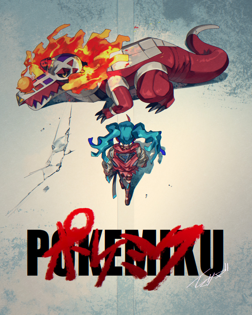 1girl absurdres akira_movie_poster aqua_hair character_name crocodile crocodilian english_text fire fire_bird_(skeledirge) fire_miku_(project_voltage) from_above hatsune_miku highres imasada jacket long_hair nintendo parody pokemon pokemon_(creature) poster_parody project_voltage red_jacket road shadow skeledirge twintails vocaloid yellow_eyes