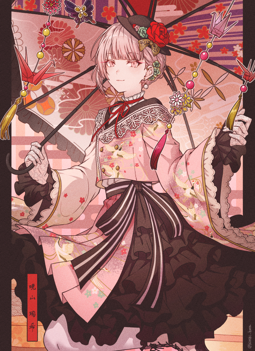 1other akazu_kieshi akiyama_mizuki androgynous beads black_headwear black_skirt blunt_bangs boots character_name collar commentary crane_print cross-laced_footwear egasumi flower flower_hat frilled_collar frilled_skirt frills gloves highres kawaranu_atatakasa_no_tonari_de_(project_sekai) kikumon knee_boots light_smile looking_at_viewer neck_ribbon official_alternate_hairstyle origami parasol pink_eyes pink_hair pleated_skirt project_sekai red_flower red_ribbon red_rose ribbon rose shirt sidelocks skirt thighhighs translated umbrella white_gloves white_shirt white_thighhighs