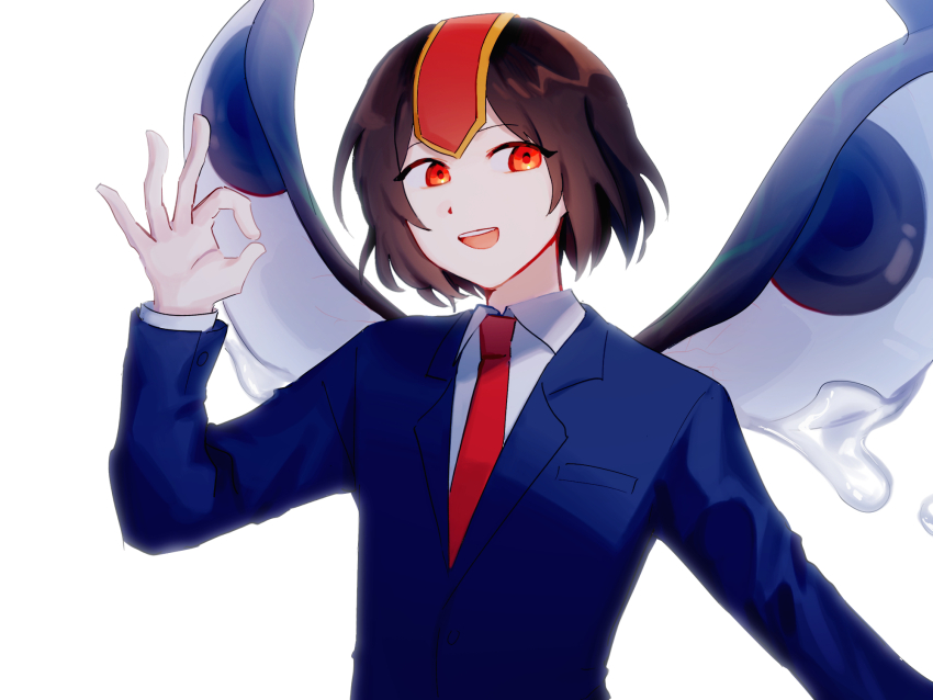 1other androgynous blazer blue_jacket breast_pocket brown_hair collared_jacket collared_shirt commentary_request crying dot_nose eye_of_senri happy headgear highres jacket kokutenshi_hibaru lapels layered_sleeves len&#039;en long_sleeves looking_at_viewer necktie notched_lapels open_mouth other_focus partial_commentary pocket re1re133 red_eyes red_necktie shirt short_hair simple_background smile solo teardrop teeth upper_body upper_teeth_only v-neck white_background white_shirt wings yen_sign