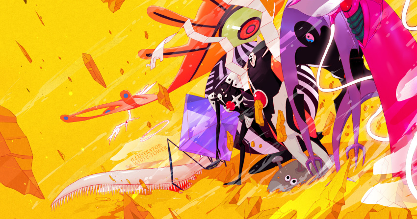 adam_(evangelion) angel_(evangelion) arael artist_name claws creature crystal epic everyone fangs floating_rock gaghiel_(evangelion) highres israfel_(evangelion) leliel_(evangelion) matariel monster neon_genesis_evangelion no_humans ramiel_(evangelion) sachiel_(evangelion) sahaquiel_(evangelion) shamshel_(evangelion) smoke nagisa_kaworu white-ower yellow_background yin_yang zeruel_(evangelion)