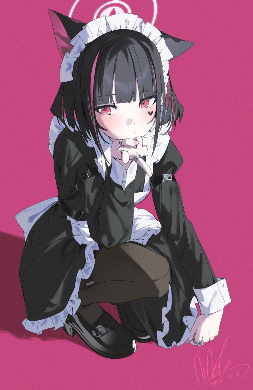 1girl :/ absurdres alternate_costume animal_ears black_dress black_hair black_pantyhose blue_archive blush cat_ears cat_girl closed_mouth commentary dress frilled_dress frills heart heart_tattoo highres jewelry juliet_sleeves kazusa_(blue_archive) long_sleeves looking_at_viewer looking_to_the_side maid_headdress multiple_rings pantyhose pink_background pink_eyes pink_hair puffy_sleeves qtian ring shoes short_hair signature simple_background single_ear_down solo squatting tattoo v white_headdress white_wrist_cuffs wrist_cuffs