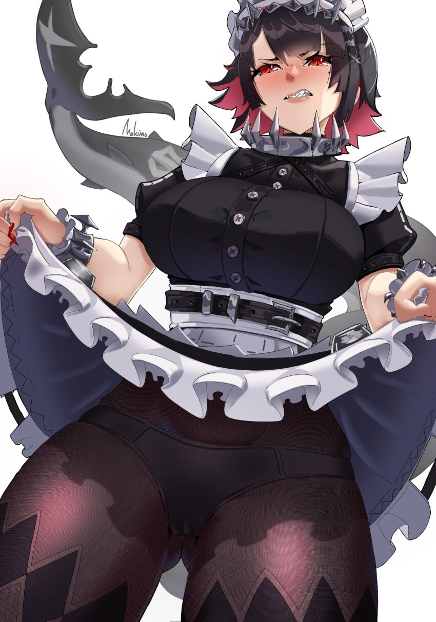 1girl apron artist_name belt black_belt black_hair black_pantyhose breasts buttons cameltoe clothes_lift collar commentary disgust ellen_joe english_commentary fingernails fins fish_girl fish_tail from_below gluteal_fold highres large_breasts lifting_own_clothes maid maid_apron maid_headdress medium_hair metal_collar mokimolewds monster_girl multicolored_hair nail_polish panties panties_under_pantyhose pantyhose pantyshot pink_hair red_eyes red_nails scar scar_on_tail shark_girl shark_tail sharp_fingernails sharp_teeth sidelocks signature skindentation skirt skirt_lift solo spiked_collar spikes tail teeth two-tone_hair underwear upskirt white_background white_panties zenless_zone_zero