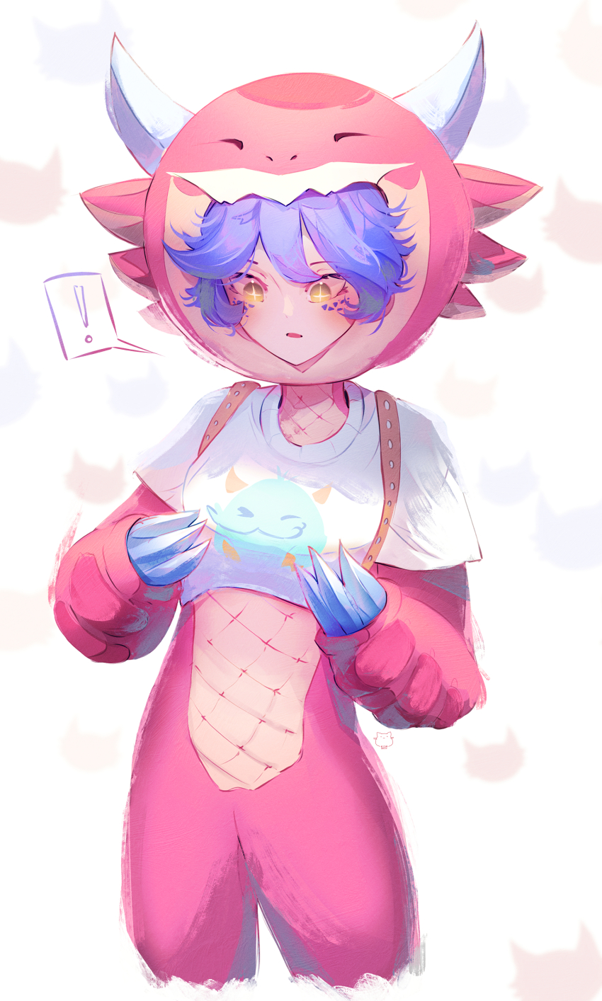 ! 1girl :o absurdres blue_hair blush choncc_(teamfight_tactics) choncc_(teamfight_tactics)_(cosplay) cosplay cowboy_shot crop_top cropped_legs hair_between_eyes hands_up highres horns kishonyskab league_of_legends neeko_(league_of_legends) shirt short_sleeves spoken_exclamation_mark teamfight_tactics white_background white_shirt
