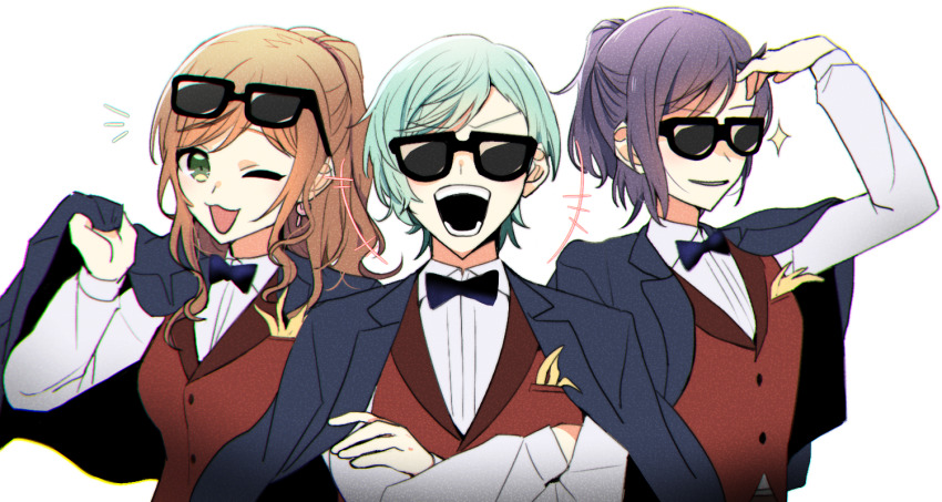 3girls :3 :d bang_dream! black_neckwear blue_jacket blue_neckwear bow bowtie breasts brown_hair chieh collared_shirt commentary_request cosplay crossed_arms earrings eyewear_on_head gradient_bow gradient_neckwear green_eyes green_hair hand_to_forehead hikawa_hina imai_lisa jacket jacket_on_shoulders jewelry laughing looking_at_viewer medium_breasts medium_hair multiple_girls notice_lines one_eye_closed open_clothes open_jacket open_mouth ponytail purple_hair rabbit_earrings red_vest seta_kaoru shirt short_hair short_ponytail sidelocks simple_background smile standing sunglasses swept_bangs tatsumi_koutarou tatsumi_koutarou_(cosplay) traditional_bowtie upper_body vest white_background white_shirt wing_collar zombie_land_saga