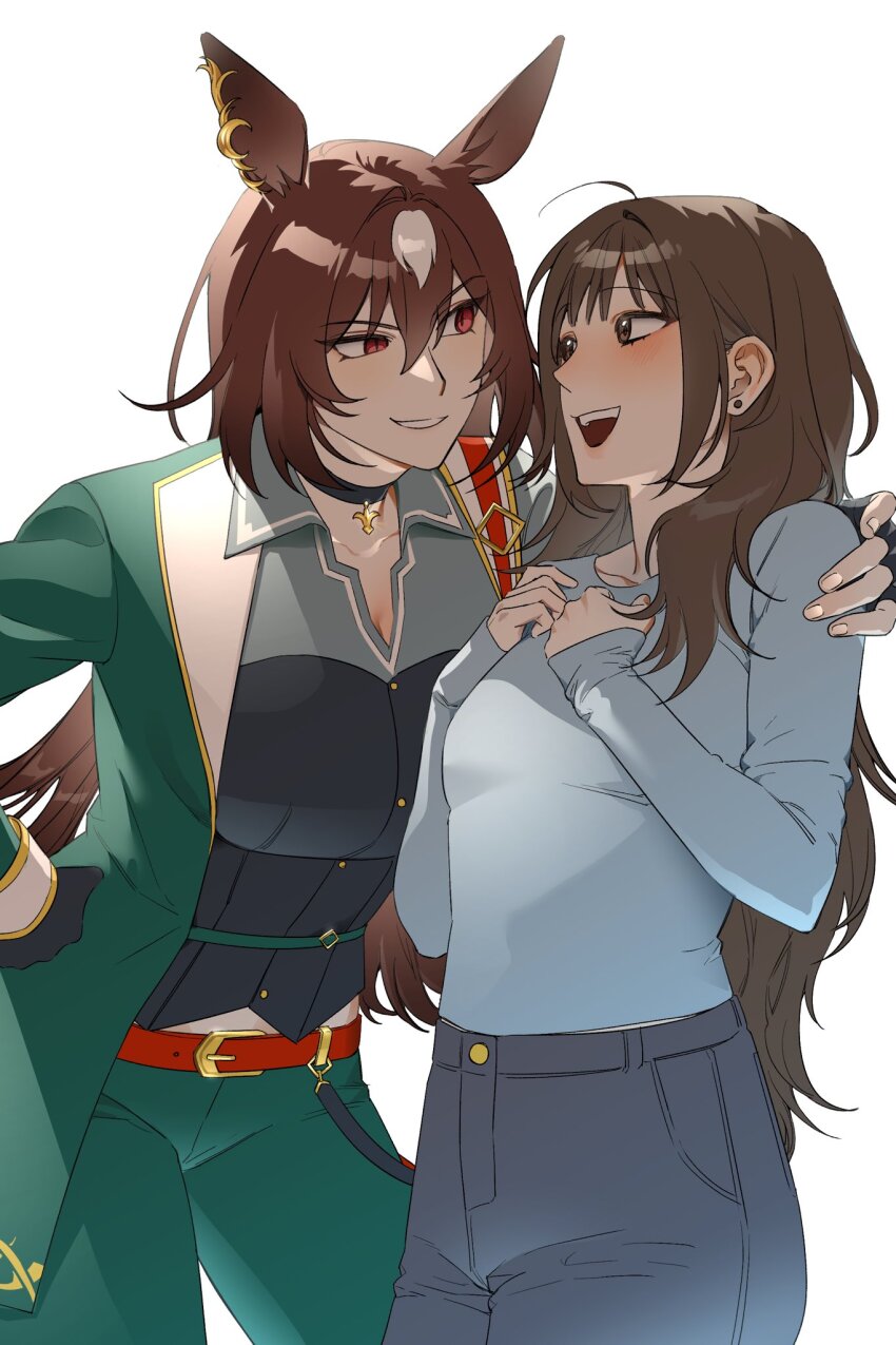 2girls :d asymmetrical_jacket belt black_choker blue_pants blue_shirt borrowed_character breasts brown_eyes brown_hair choker collared_shirt commentary_request commission cowboy_shot ear_ornament earrings eye_contact face-to-face female_trainer_(umamusume) green_jacket green_pants hand_on_another&#039;s_shoulder hand_on_own_hip hands_on_own_chest highres horse_girl jacket jewelry korean_commentary large_breasts leaning_forward long_hair looking_at_another multiple_girls oc_x_canon open_mouth original pants pendant_choker puppy_(godokhan_neukdae) red_belt red_eyes second-party_source shirt simple_background sirius_symboli_(umamusume) small_breasts smile teeth trainer_(umamusume) umamusume upper_teeth_only white_background white_hair yeoljeong_yeongonggye