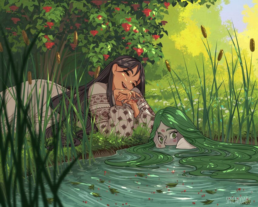 2girls after_kiss blush couple forest green_eyes green_hair highres implied_after_kiss implied_kiss in_water long_hair mavka multiple_girls nature pond smug sphenodaile ukraine ukrainian_clothes vyshyvanka yuri