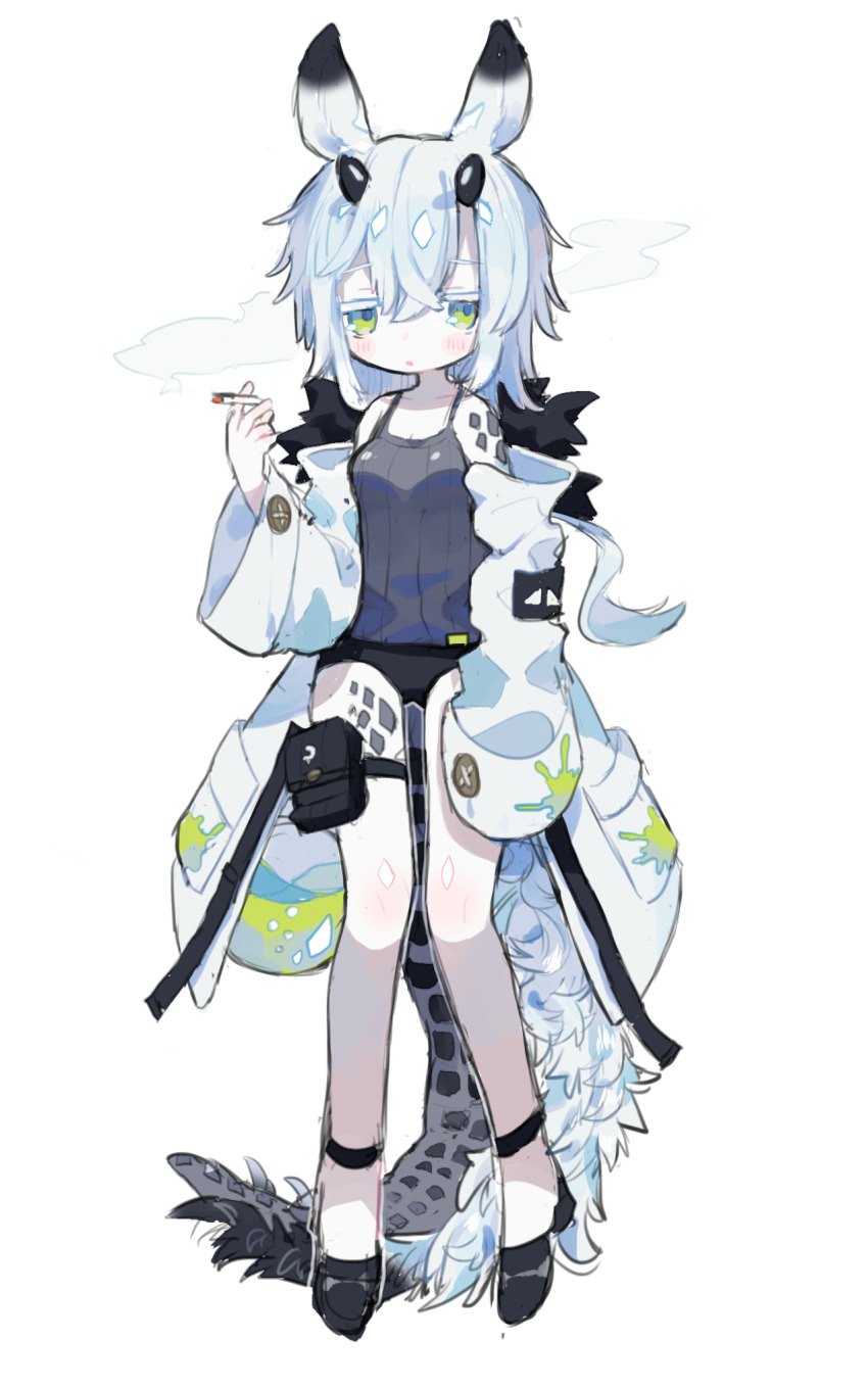 1girl animal_ears black_bow black_camisole black_horns black_panties black_shoes blush_stickers bow breasts camisole colored_eyelashes commentary_request cotono_(nazekun) dragon_ears dragon_girl dragon_horns dragon_tail full_body green_eyes hair_bow highres horns lab_coat long_hair long_sleeves open_clothes original pale_skin panties parted_lips shoes simple_background small_breasts smoking stain tail underwear white_background white_hair wide_sleeves
