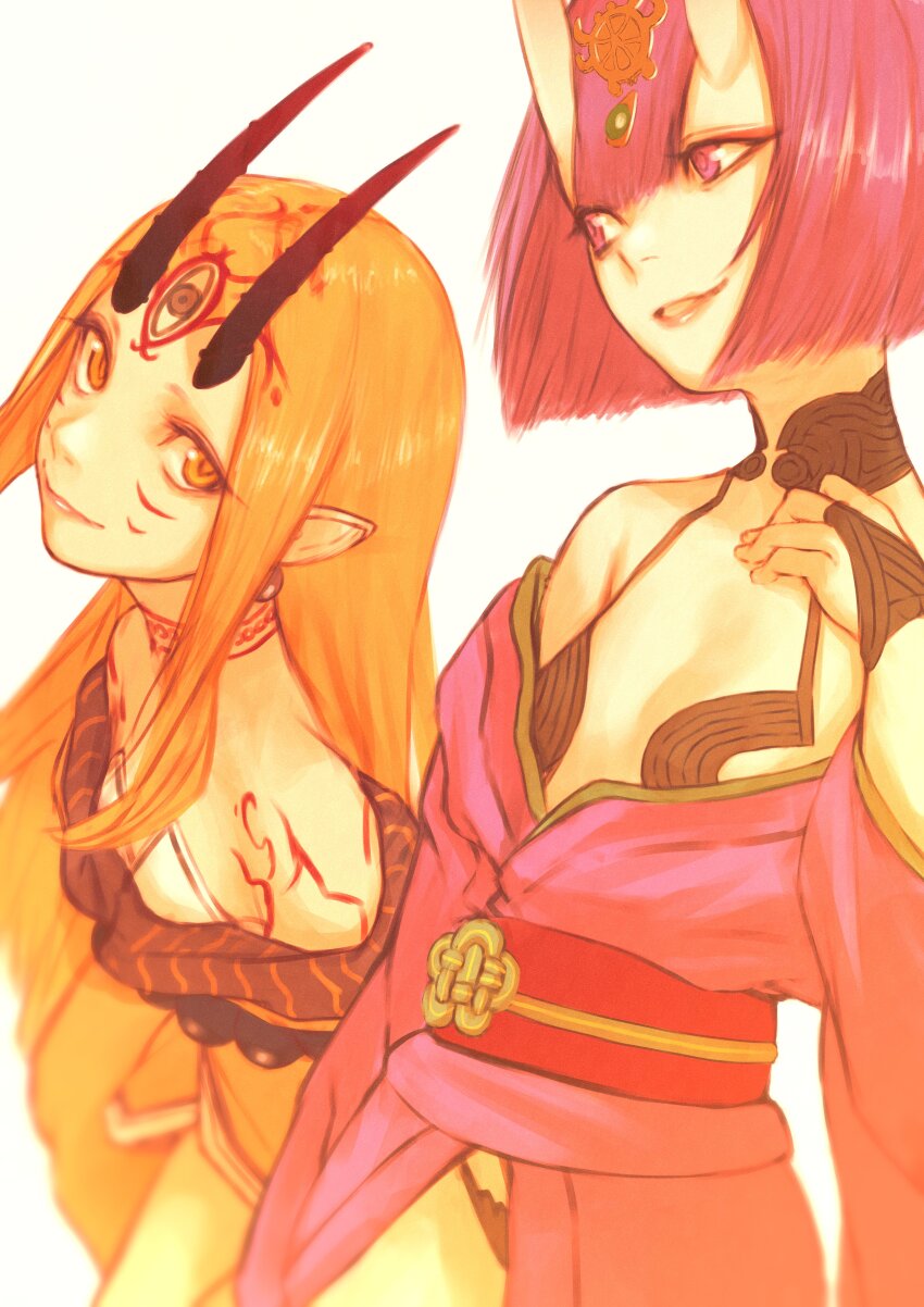 2girls absurdres blonde_hair bob_cut breasts eyeliner facial_mark fate/grand_order fate_(series) forehead_mark headpiece highres horns ibaraki_douji_(fate) ibaraki_douji_(first_ascension)_(fate) japanese_clothes kimono long_hair makeup multiple_girls oni pointy_ears purple_eyes purple_hair purple_kimono short_hair shuten_douji_(fate) simple_background skin-covered_horns small_breasts smile tattoo white_background yellow_eyes ymzzil