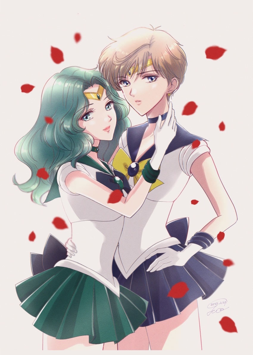 aqua_hair aqua_sailor_collar aqua_skirt back_bow bishoujo_senshi_sailor_moon blonde_hair blue_bow blue_bowtie blue_choker blue_eyes blue_sailor_collar blue_skirt bow bowtie brooch choker circlet earrings falling_petals gloves highres jewelry kaiou_michiru lips long_hair looking_at_viewer parted_bangs petals pleated_skirt sailor_collar sailor_neptune sailor_senshi_uniform sailor_uranus short_hair skirt smile ten&#039;ou_haruka white_gloves y-yazaki2406 yellow_bow yellow_bowtie